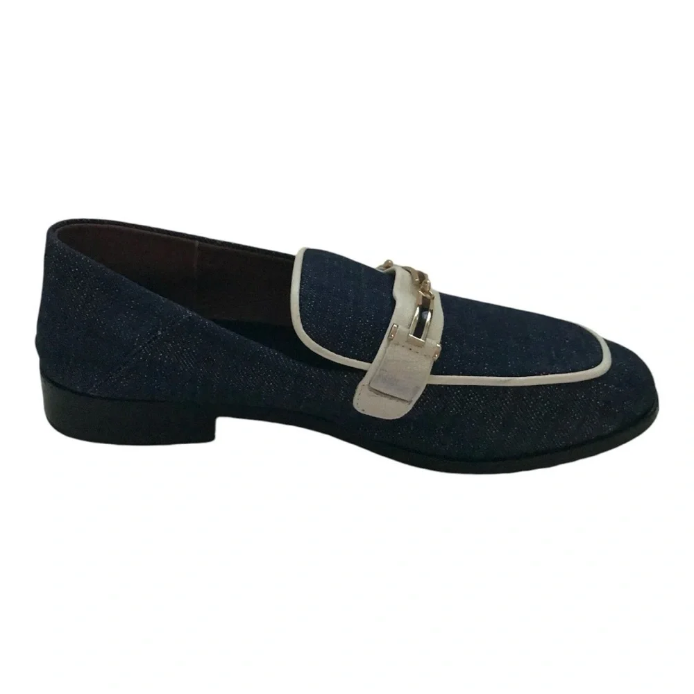 Newbark Melanie White Leather Trimmed Dark Navy Denim Loafers Size 7